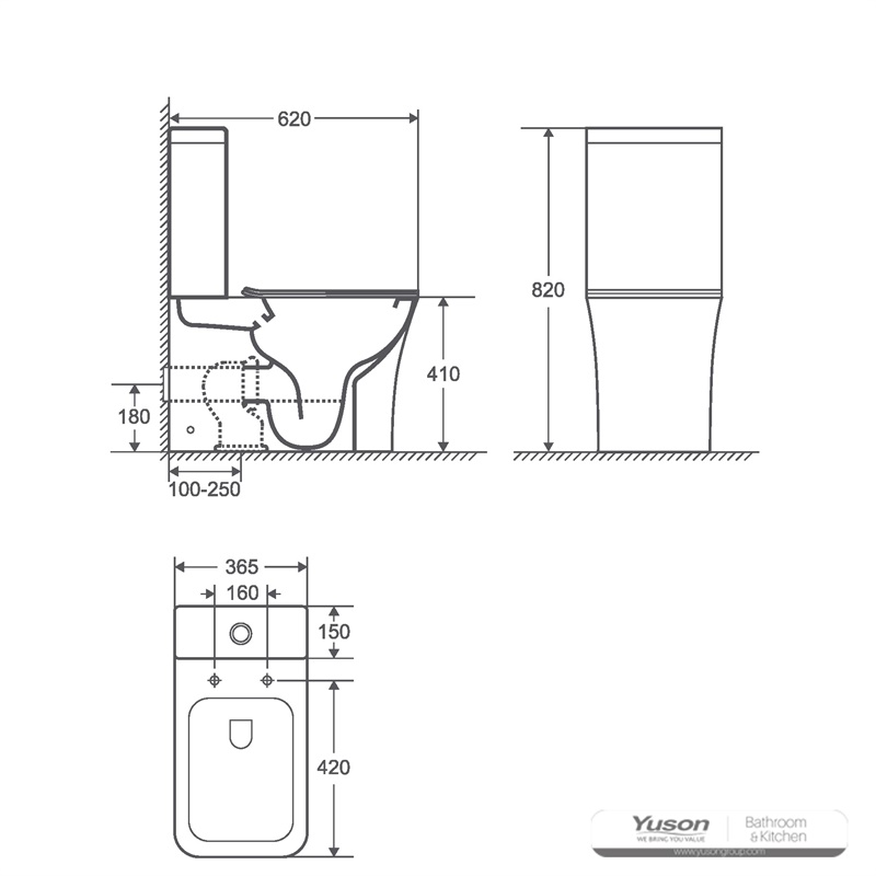 YS22291P2 2-osainen reunaton keraaminen wc, P-trap-wc;